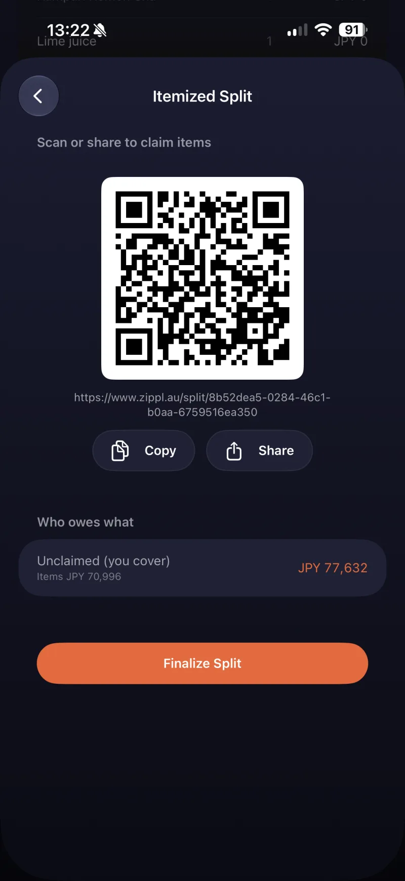 Zippl itemized split — QR code and who owes what