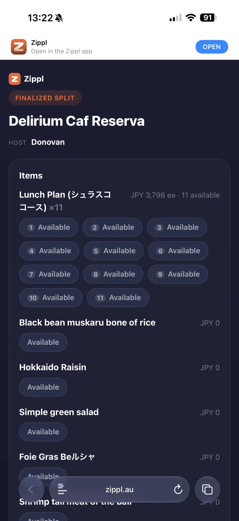 A finalized Zippl split, open in a browser with no app installed
